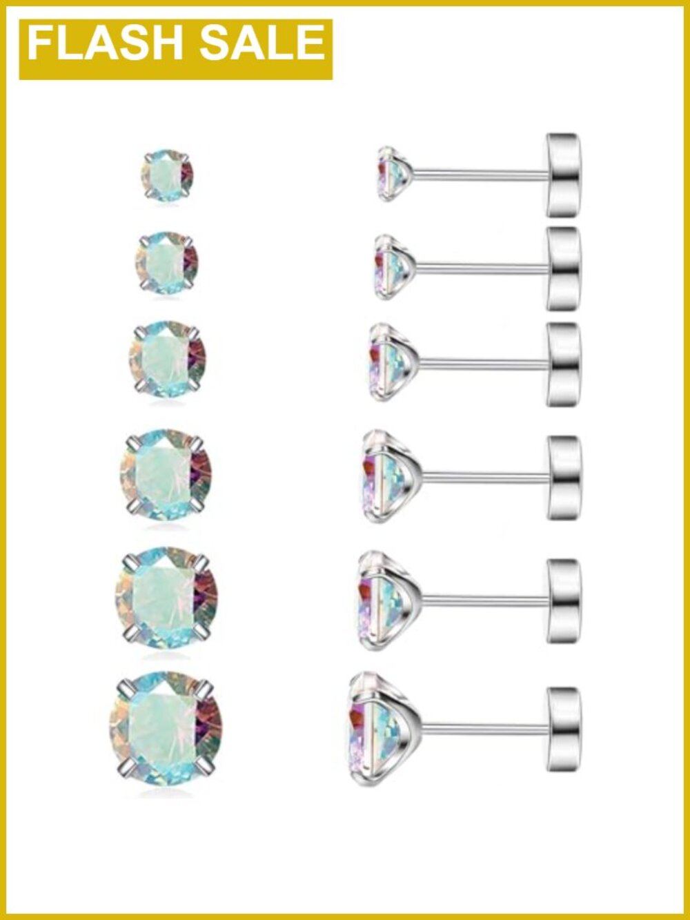 Surgical Steel Flat Back CZ Stud Earring Set Multi-Piercing Hypoallergenic